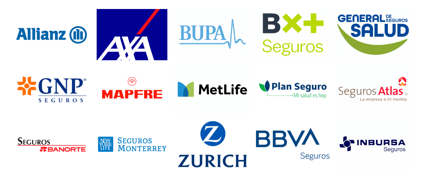 Logos de aseguradoras aceptadas (AXA, GNP, MetLife, BBVA, Inbursa, Zurich) para consultas y cirugías urológicas en San bartolo Naucalpan