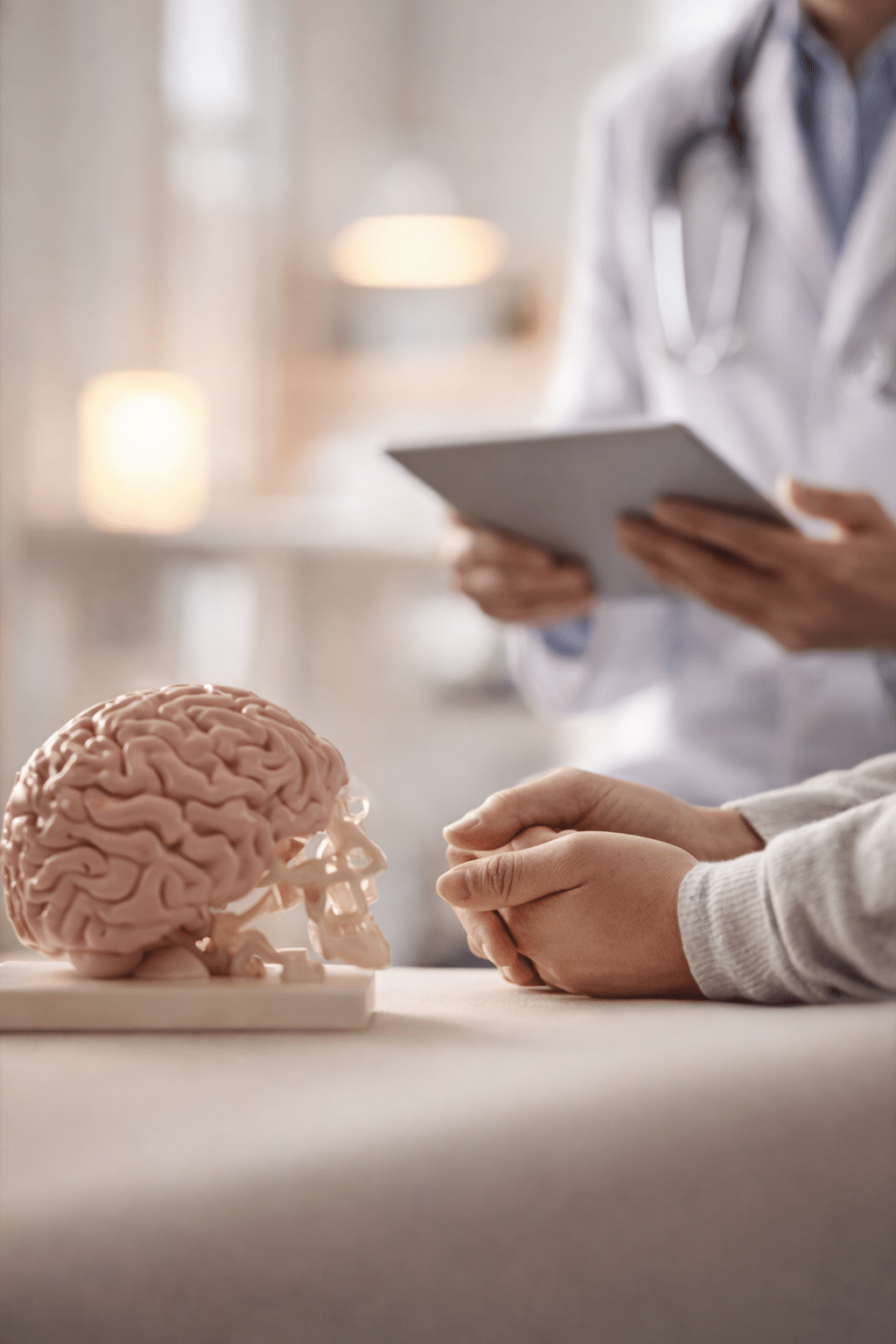 Modelo anatómico de cerebro utilizado durante consulta con neurocirujano pediatra en CDMX para explicar diagnóstico neurológico infantil.